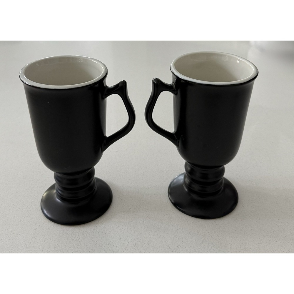 Vintage Carbone Pottery Pedestal Mugs Irish Coffee Black White Lined‎ Set Of 2